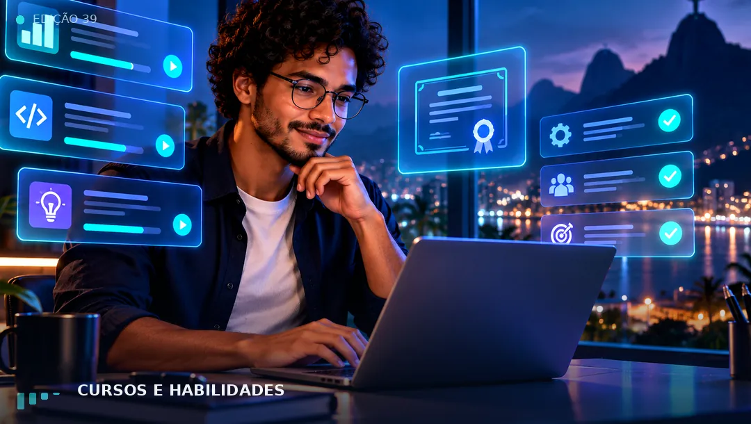Arte editorial sobre Cursos gratuitos com certificado: como avaliar qualidade
